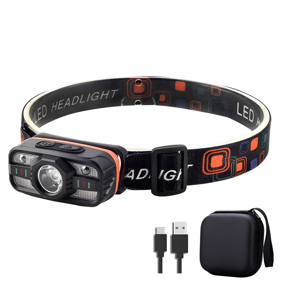Smart IR Motion Sensor Headlamp Type-C USB Rechargeable Headlight Warning Light Waterproof Head Lamp Induction Head Flashlight