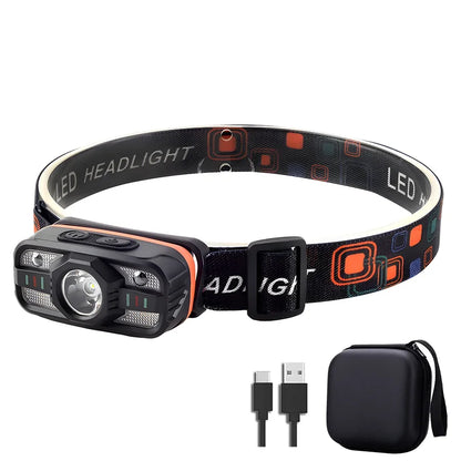 Smart IR Motion Sensor Headlamp Type-C USB Rechargeable Headlight Warning Light Waterproof Head Lamp Induction Head Flashlight