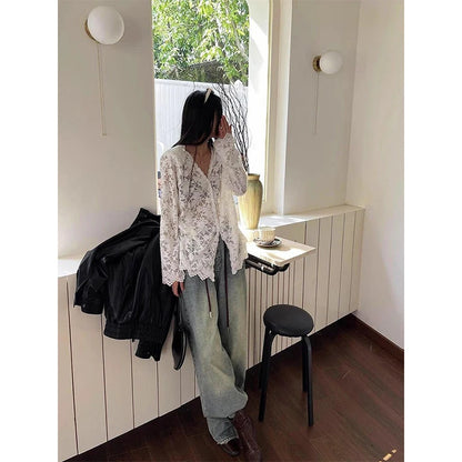 Y2K Lace Sheer Black Shirts Women Streetwear Sexy Hollow Out White Blouses Korean Aesthetic Long Sleeve Chic Sun Protection Tops