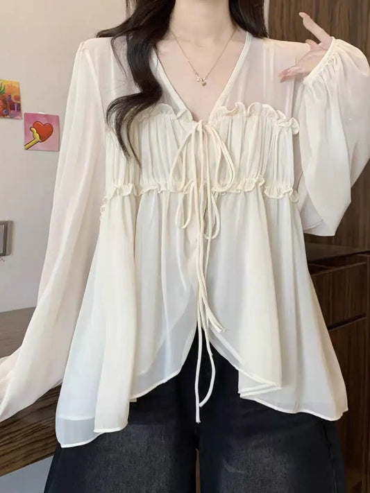 plus Size Women's V-Ne Long Sve Chiffon irt Loose Fit Tummy Covering Dstring Waist Design Faionable Office Wear