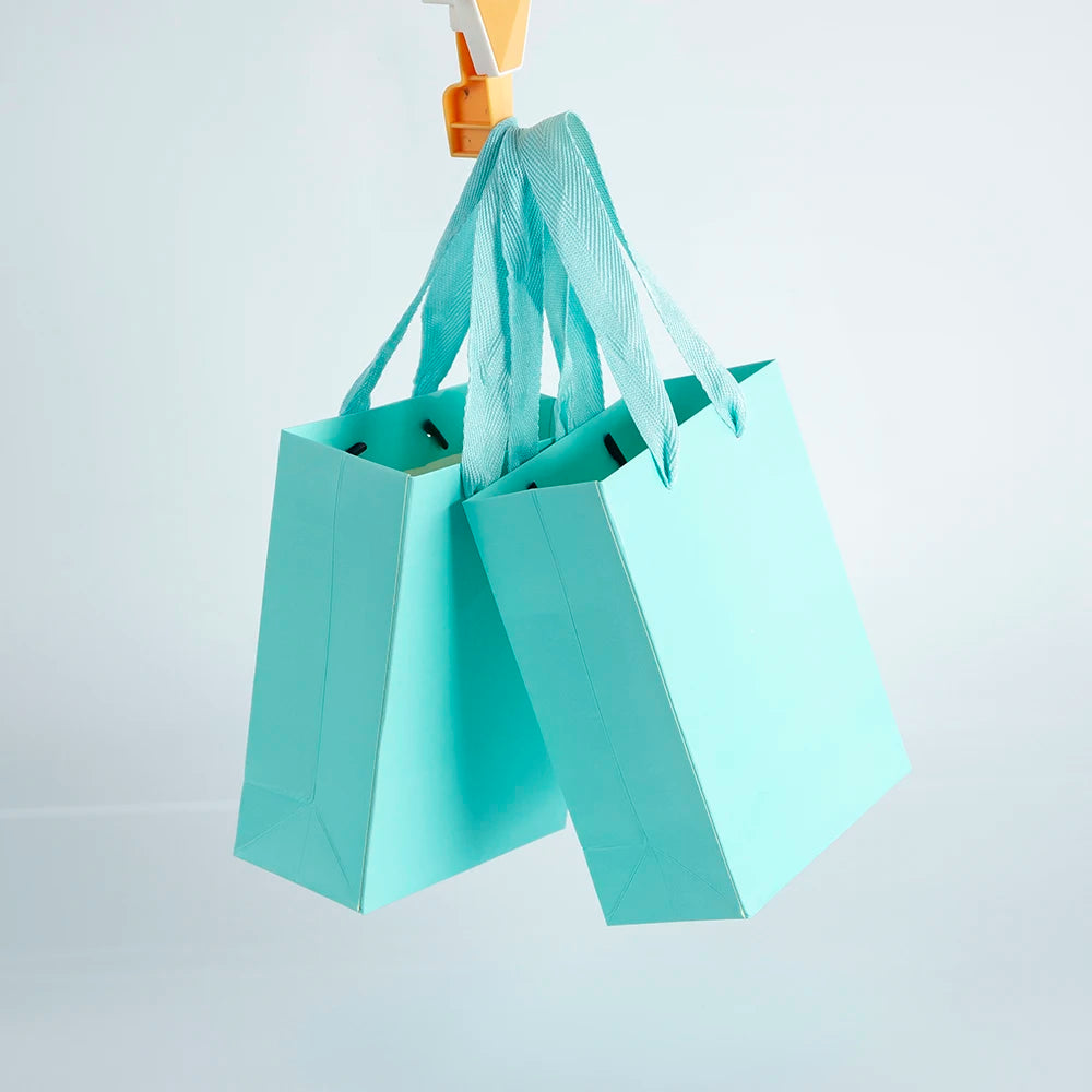 10Pack Bulk Blue White Gift Paper Bags with Ribbon Rope Kraft Handle Shopping Paper Bag 14x7x15cm Fast Food Take Away Packaging