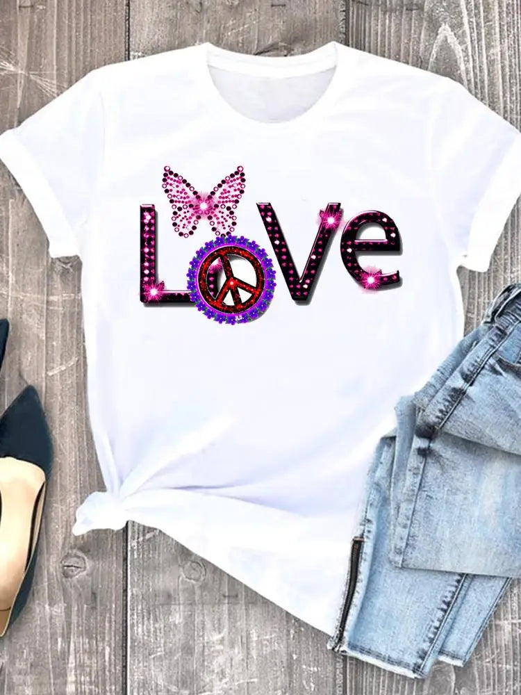 Summer Clothing leopard love heart sweet Fashion Women Tee T-shirts Casual Short Sleeve Regular Female Graphic T Shirt Clothes