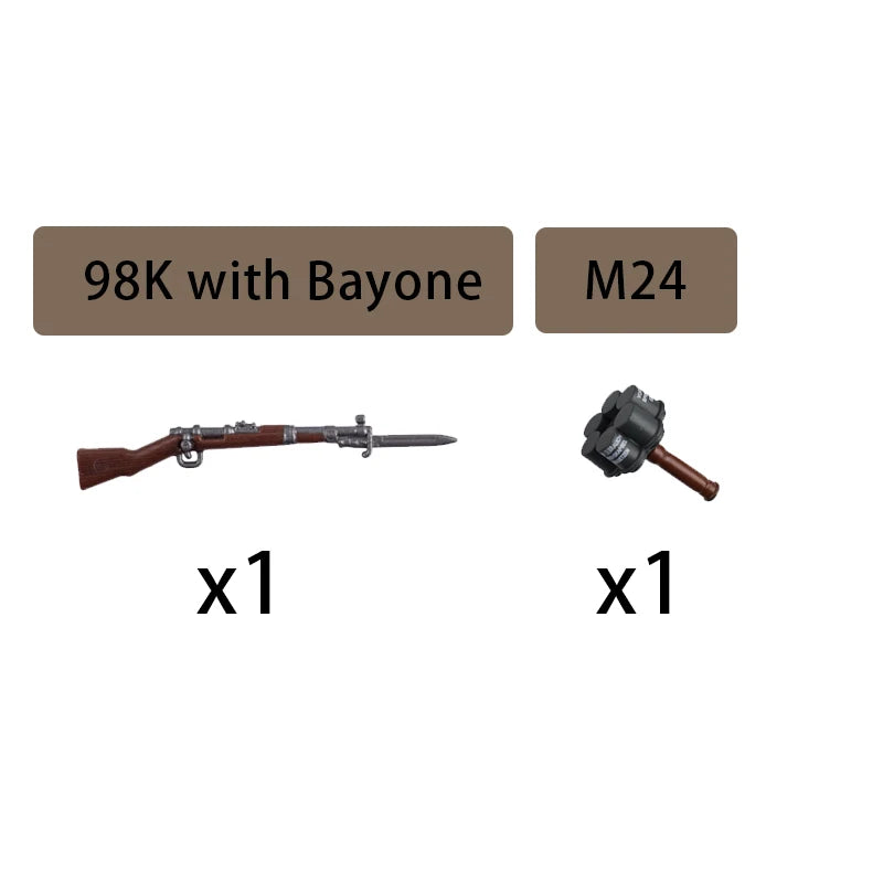WW2 Military Accessories Wood Grain Guns Building Blocks Germany Soviet British Soldier Weapon Parts Rifle 98k Mini Bricks Toys