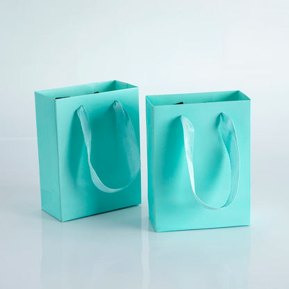 10Pack Bulk Blue White Gift Paper Bags with Ribbon Rope Kraft Handle Shopping Paper Bag 14x7x15cm Fast Food Take Away Packaging