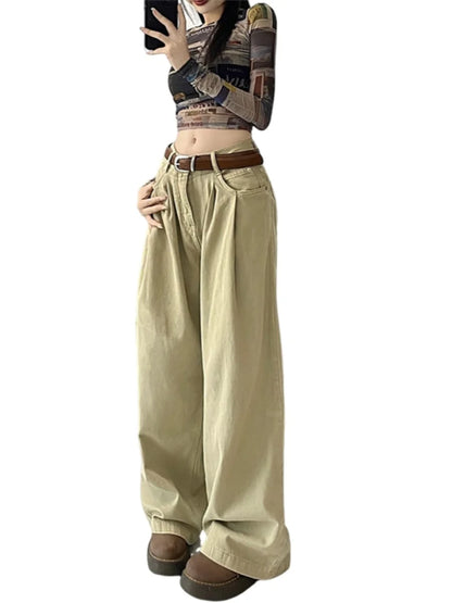 Khaki High Waist Straight Leg Wide Leg Pants Loose Slimming Workwear Casual Pants Spring Autumn Long Pants Retro Women Pants