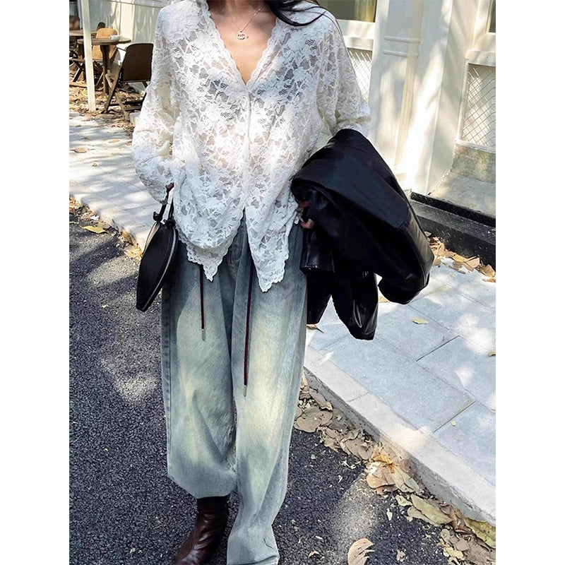 Y2K Lace Sheer Black Shirts Women Streetwear Sexy Hollow Out White Blouses Korean Aesthetic Long Sleeve Chic Sun Protection Tops