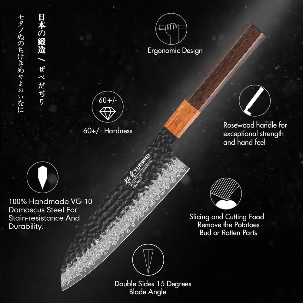 TURWHO 7 inch Damascus Steel Japanese Chef Knives Sharp Slicing Utility Kitchen Knives Cooking Tools Hand Forged Santoku Knife