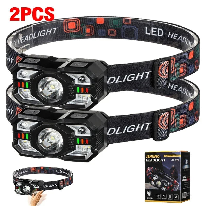 Smart IR Motion Sensor Headlamp Type-C USB Rechargeable Headlight Warning Light Waterproof Head Lamp Induction Head Flashlight