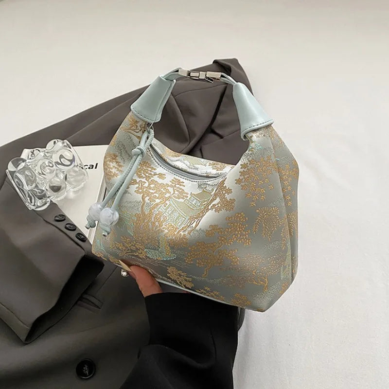 4 Colors Embroidered Chinese Style Handbag Zipper Canvas Pea Purses Adjustable Luxury Cheongsam Bag Work