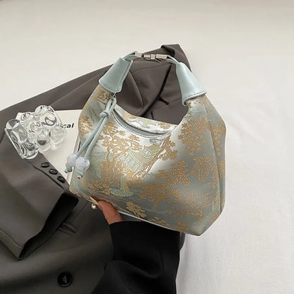 4 Colors Embroidered Chinese Style Handbag Zipper Canvas Pea Purses Adjustable Luxury Cheongsam Bag Work