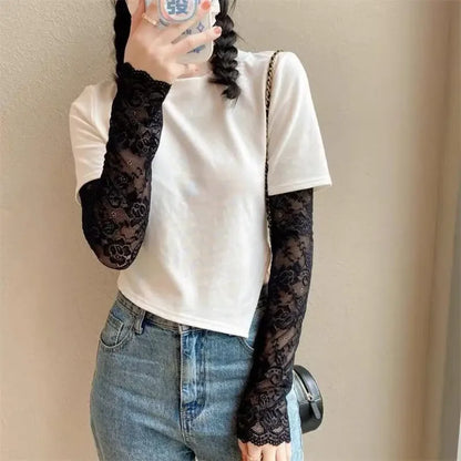 1 Pair Cycling Sun Protection Sleeves Lace Flower Embroidery Solid Color Thin Breathable Mesh Outdoor Driving Ani-UV Arm Covers