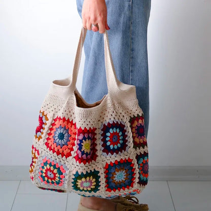 Vintage Crochet Granny Shoulder Tote Bag Women Boho Chic Hippie Handbags Knitted Handmade Woven Big Shopper Purses Cute