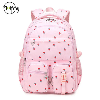 Waterproof Schoolbag Strawberry Print Large Capacity Backpack Shoulder Bag Bookbags Nylon Travel Student Daily Zipper School Bag