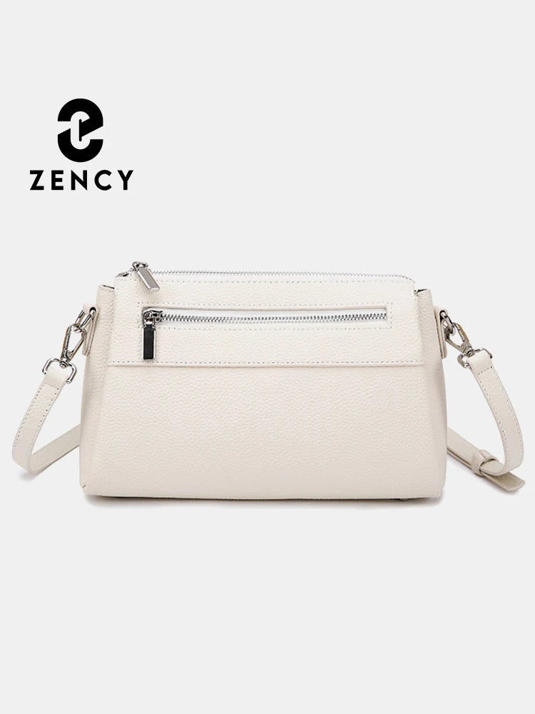 Zency Elegant Women's Handbags 2025 Trendy Soft Leather Messenger Bag Satchel Three Layer Pockets Luxury Designer Silver Metal
