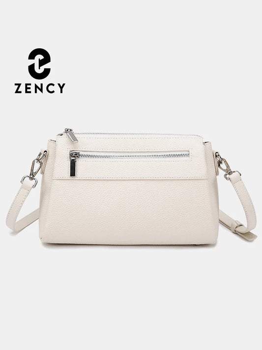 Zency Elegant Women's Handbags 2025 Trendy Soft Leather Messenger Bag Satchel Three Layer Pockets Luxury Designer Silver Metal