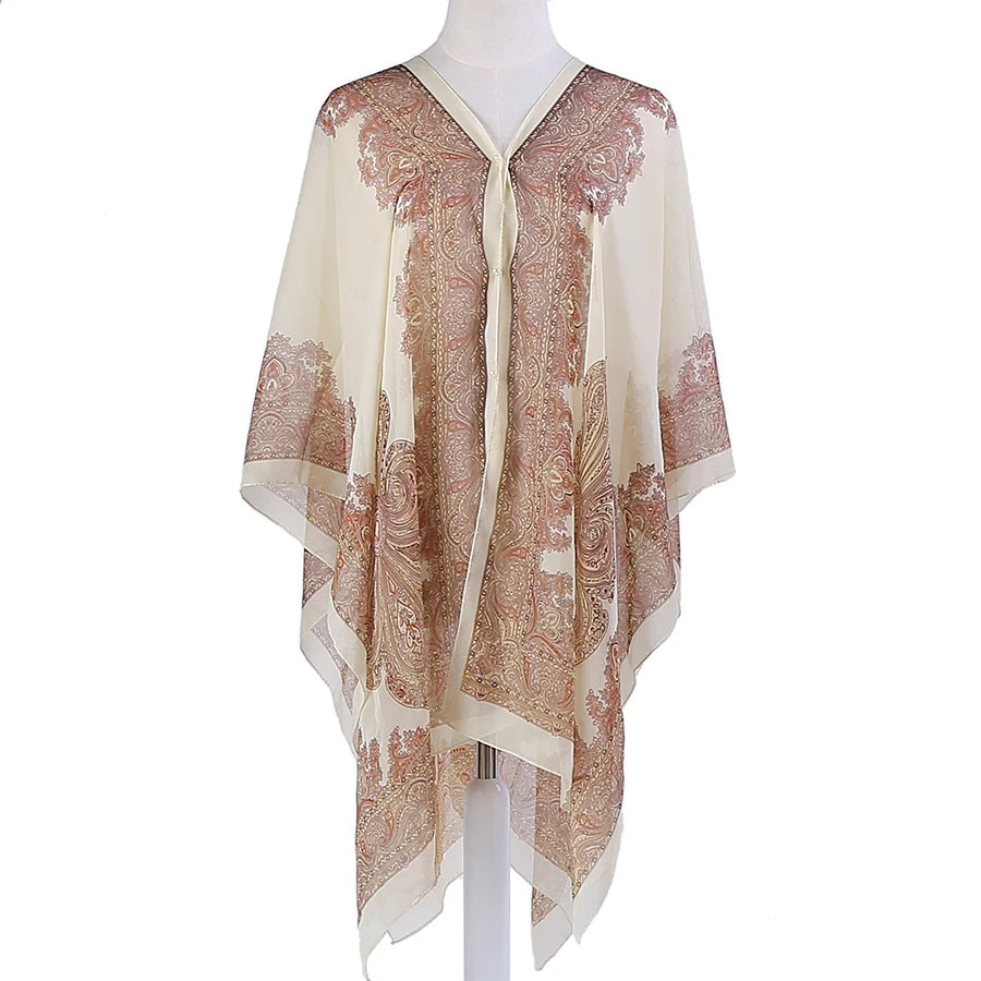 Sun Protection Shawl for Women, Cashew Flower Chiffon Silk Scarf, Versatile Slit Beach Towel, Pearl Scarf