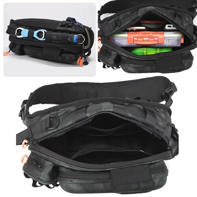 Tactical Fishing Sling Shoulder Bag with Rod Holder Large Storage Outdoor Hiking Climbing Camping Rucksack Chest Fanny Pack