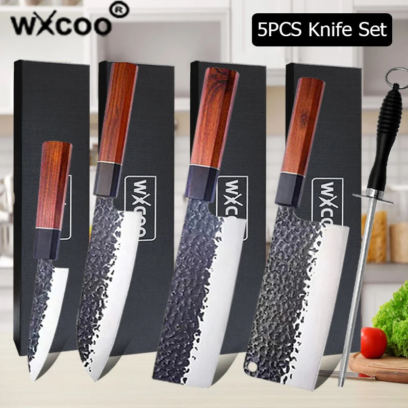 1-5pcs Japanese Chef Knife Hand-forged Kitchen Knife Sharpening Rod High Carbon Steel Boning Knife Santoku Knife and Accessories