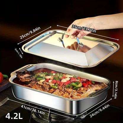 Stainless Steel Rectangular Baking Tray Food Barbecue Bakeware Fruit Bread Storage Plate with Handle Deep Pan Dish Kitchen Tools