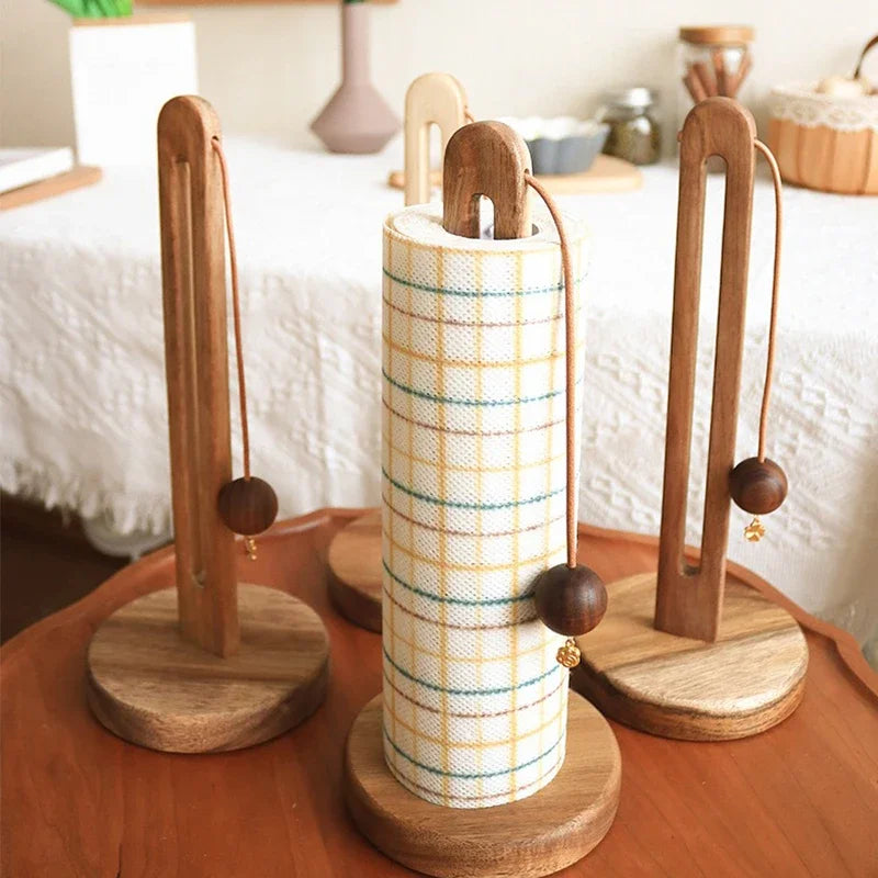 Solid Wood Paper Towel Holder Kitchen Punch-Roll Paper Storage Rack Lazy Rag Plastic Wrap Bag Storage Rack Kitchen Accessories