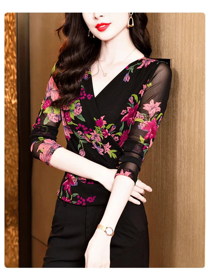 Women Long Sleeve T-Shirts Size M-3XL Printed Floral Mesh Tops Female Bottoming T Shirts Full Sleeve V-neck T-shirt