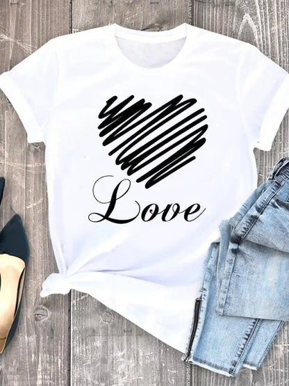 Summer Clothing leopard love heart sweet Fashion Women Tee T-shirts Casual Short Sleeve Regular Female Graphic T Shirt Clothes