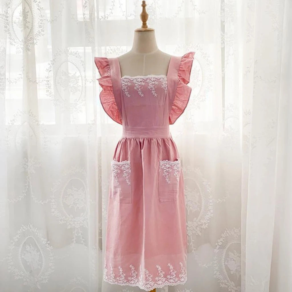 Washed Cotton Linen Lace Aprons Cooking Kitchen Aprons Flower Shop Garden Ruffles Work Clean Apron for Woman Overalls Dress