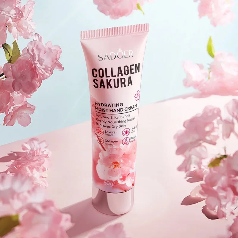 SADOER Sakura Collagen Hand Cream Moisturizing & Nourishing, Brightening Care, Anti-Wrinkle Anti-Crack Cream for Hands 60G
