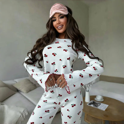 Lace Trim Women Pajama Set Short Sleeve Front Button Top & Full-Length Pants Cherry Print 2 Pieces Sleepwear Nightwear Homewear