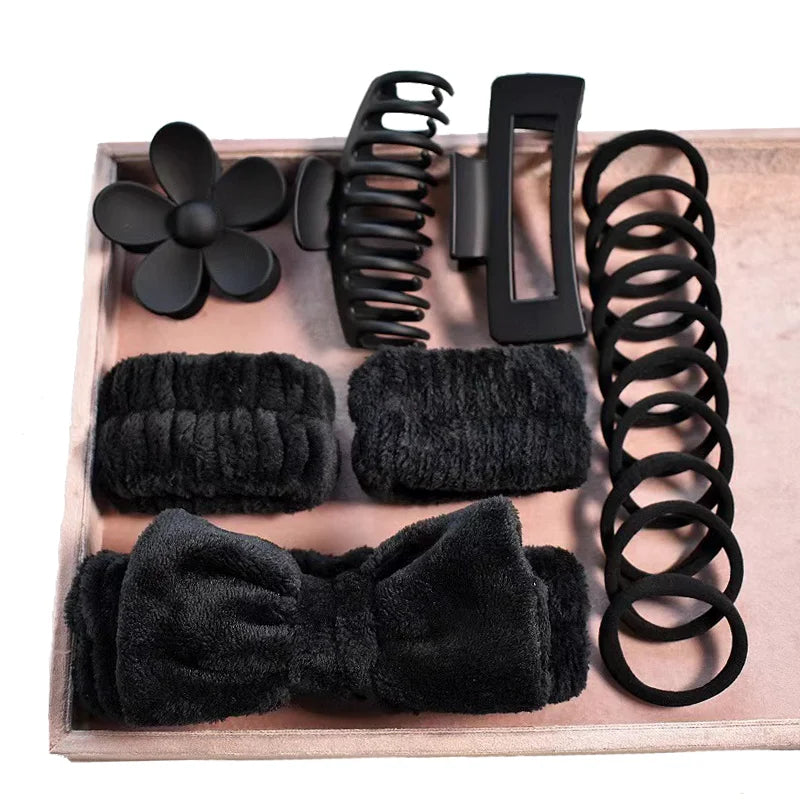 16pcs Women Multi-colored Soft Bow Headband Hair Claw Combination Set Holiday Gift Makeup Shower Sports Skincare Accessories