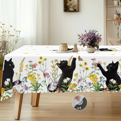 1 Piece of Kitten Themed Printed Tablecloth, Country Farmhouse Style, Black Kitten, Flower Pattern Design, Multiple Sizes Available, Suitable for Spring and Summer, Garden Party during Holiday, Camping Style Decoration, Kitch
