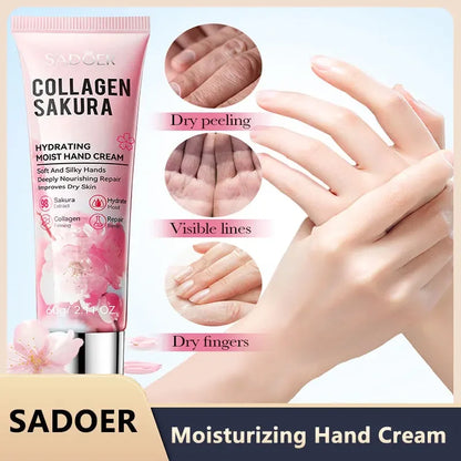 SADOER Sakura Collagen Hand Cream Moisturizing & Nourishing, Brightening Care, Anti-Wrinkle Anti-Crack Cream for Hands 60G