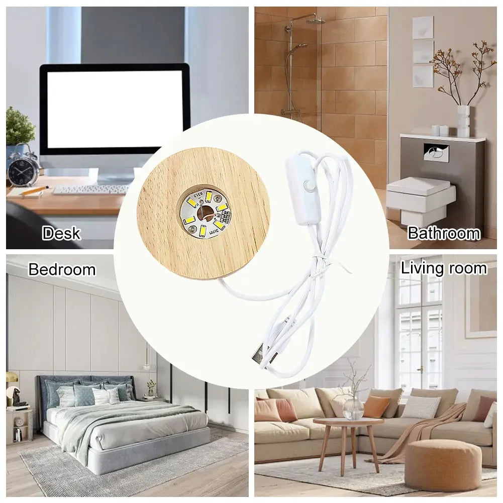 10-1PCS Handmade LED Wood Display Base USB Round Wooden Night Lamp Base Bedroom Resin Ornament Stand DIY Night Light