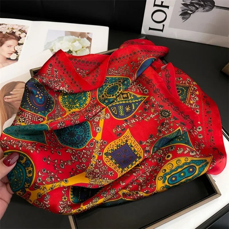 Retro Printed Silk Scarf Women's Square Scarfs 70cm Imitation Silk Scarf Shawl Turban Decorative Sun Protection