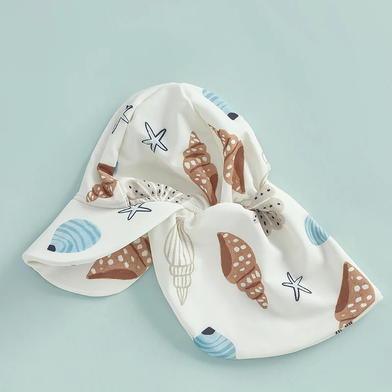 Toddler Boys Rash Guard Swimsuit Playsuits Seashell Print Zipper Short Sleeve Sun Protection Bathing Suit with Swim Cap