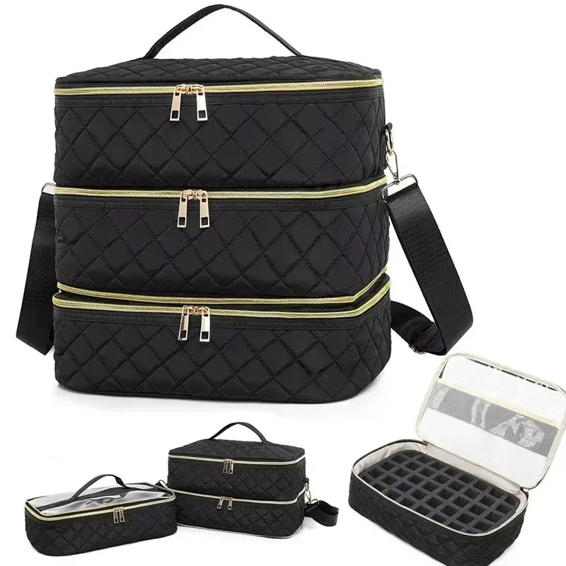 80Bottles Nail Polish Storage Bag Portable Cosmetic Large Shoulder Bag Organizer for Travel Nail Salon 3 Layer Essential Oil Bag