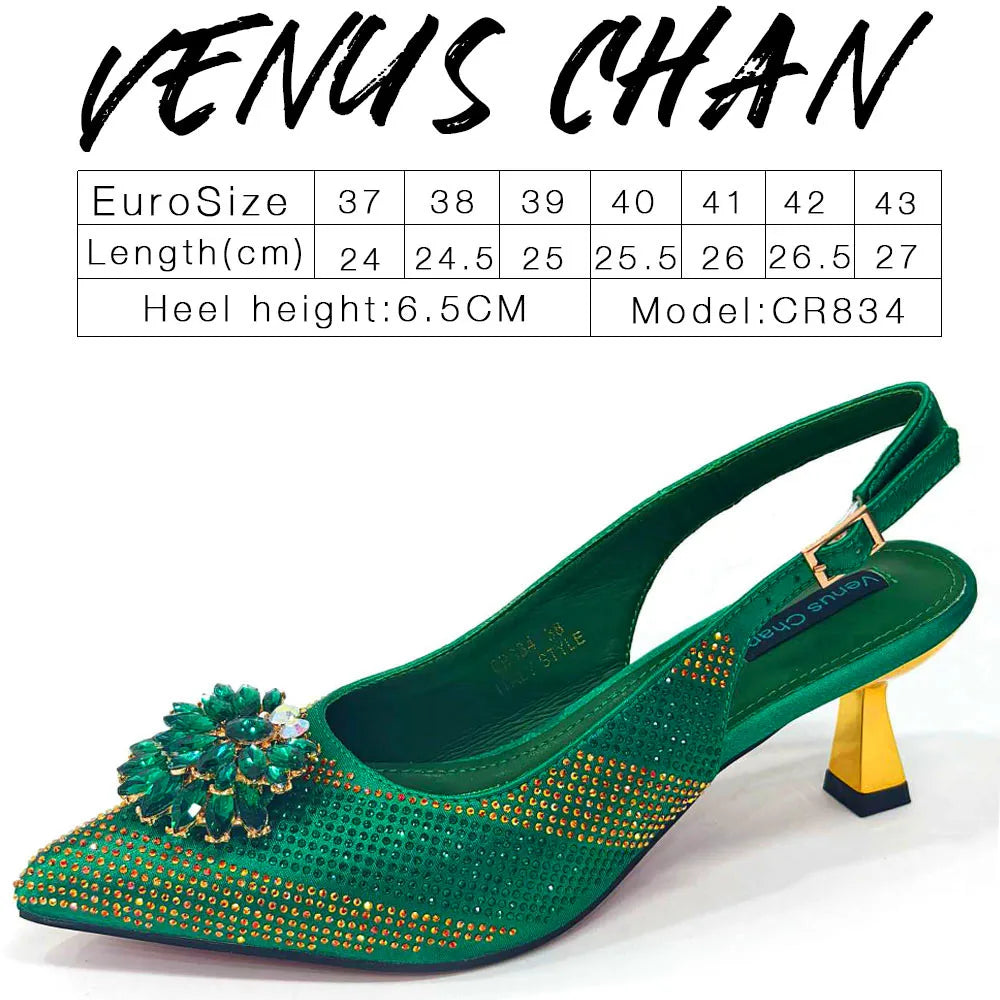 Venus Chan 2024 Green Rhinestone High Heels Pointed Toe Mixed Color Sexy Ladies Shoes With Clutch Bag Set For Luxury Party