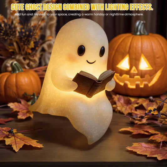 Halloween Cute Ghost Lamp Battery Powered Light Up Halloween Ornament Lovely Ghost Figurine Light for Bedroom Study Room Reader