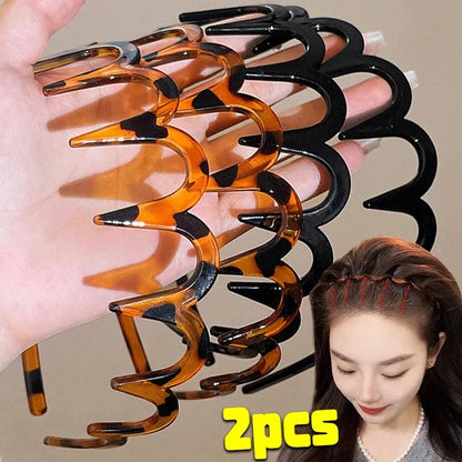2PCS Fashion Wave Headbands for Women Solid Color Toothed Non-slip Hair Bands Girl Face Wash Sports Hairbands Hair Accessories