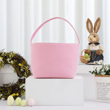 Seersucker Easter Basket Halloween Stripped Bucket Kids Boys Girls Egg Hunt Carrying Gift Tote Bag Toys Party Decoration