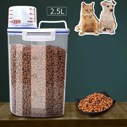 1.5kg/2kg Dog Cat Food Storage Container Plastic Pail With Measuring Cup Airtight Moisture Proof Pet Supplies Kitchen Jar