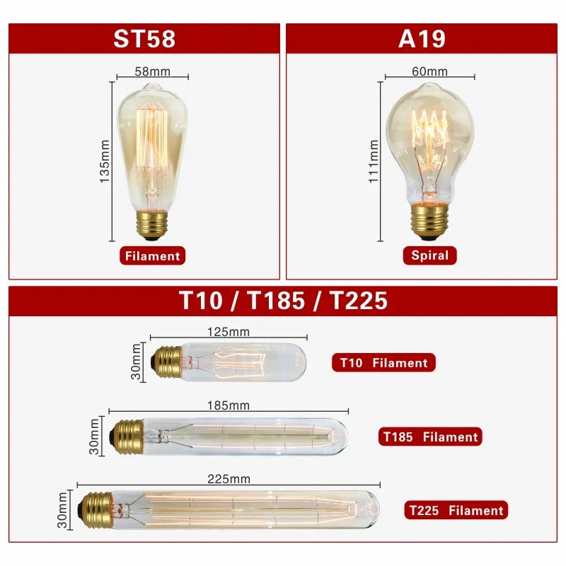 40W Retro Edison Bulb E27 220V Light Bulb A60 ST58 ST64 T10 T45 T185 G80 G95 Filament Vintage Ampoule Incandescent Spiral Lamp