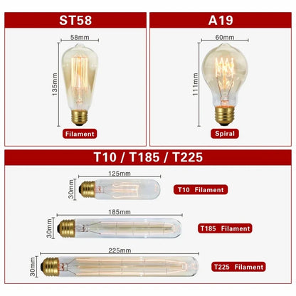 40W Retro Edison Bulb E27 220V Light Bulb A60 ST58 ST64 T10 T45 T185 G80 G95 Filament Vintage Ampoule Incandescent Spiral Lamp