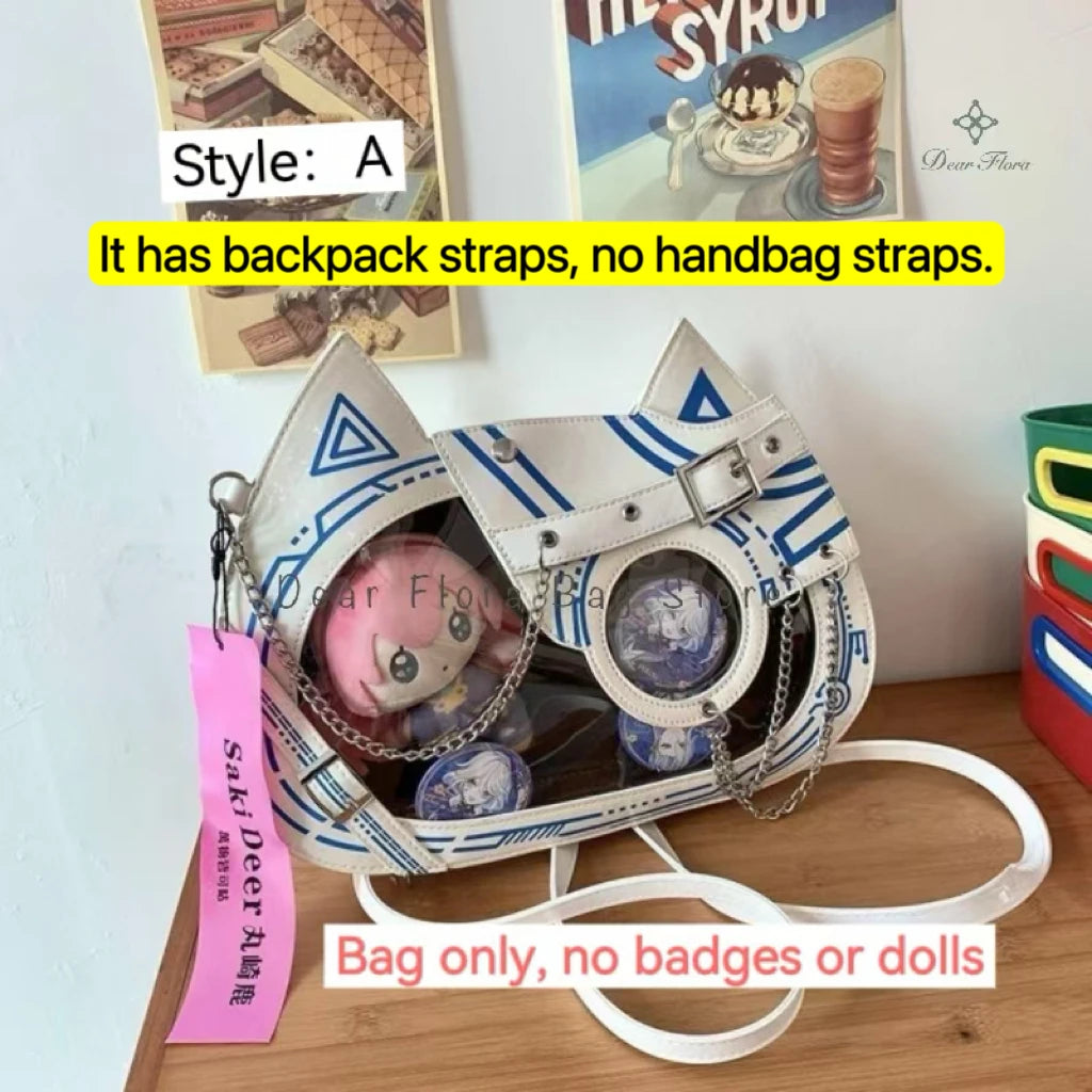 Y2K Kawaii Cat Ita Bag Cute PU Backpack Girls Transparent Pocket Harajuku Crossbody Bag Women's Fashion DIY Display Shoulder Bag