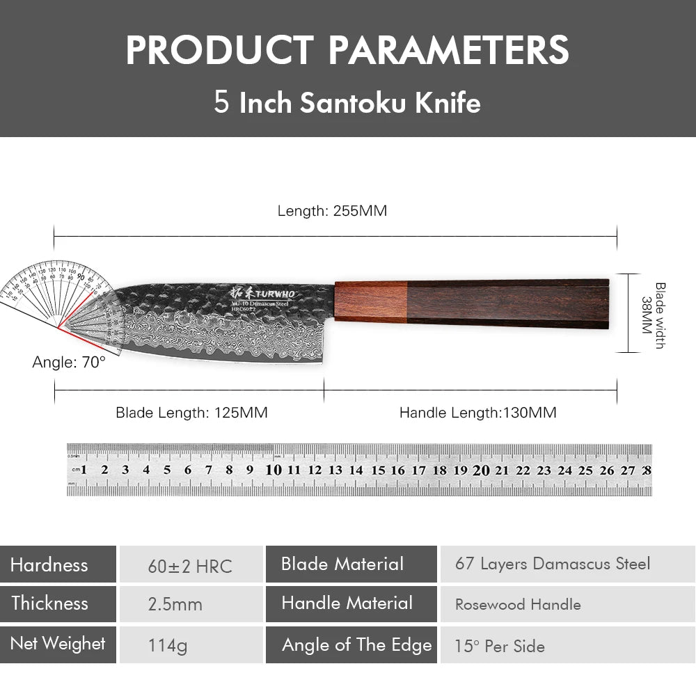 TURWHO 5 Inch Santoku Knife Damascus Japanese Steel Kitchen Knife VG10 67-Layer High Carbon Full Tang Best Chef Kitchen Tools
