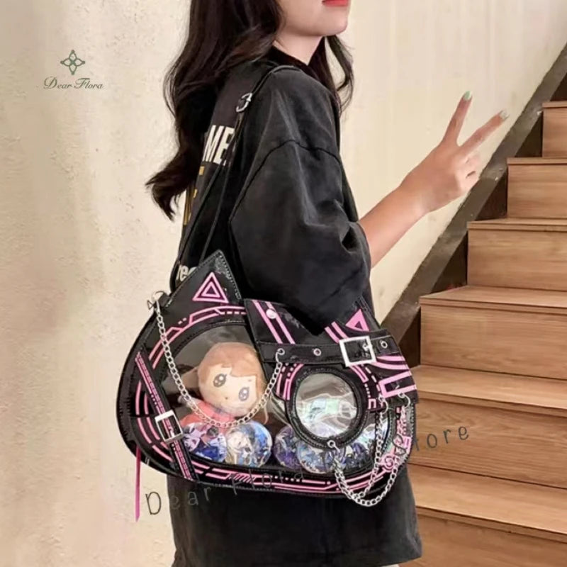 Y2K Kawaii Cat Ita Bag Cute PU Backpack Girls Transparent Pocket Harajuku Crossbody Bag Women's Fashion DIY Display Shoulder Bag