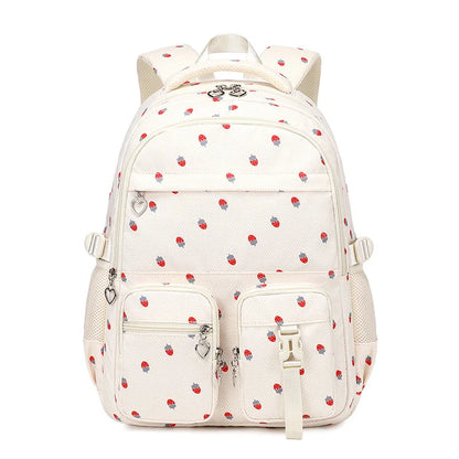 Waterproof Schoolbag Strawberry Print Large Capacity Backpack Shoulder Bag Bookbags Nylon Travel Student Daily Zipper School Bag