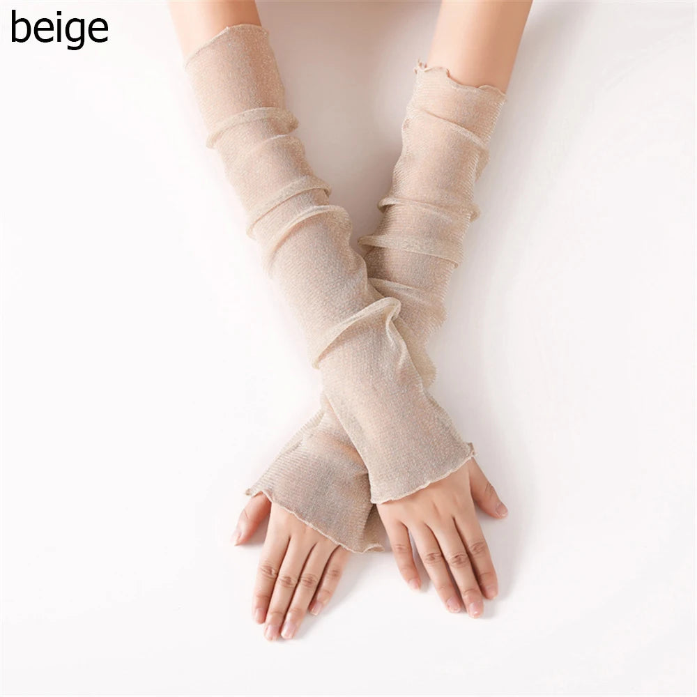 Summer Fashion Lady Gauze Sun Protection Sleeves Gloves Women Thin Long Fingerless Arm Warmers Sunscreen UV Breathable Mittens