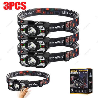 Smart IR Motion Sensor Headlamp Type-C USB Rechargeable Headlight Warning Light Waterproof Head Lamp Induction Head Flashlight