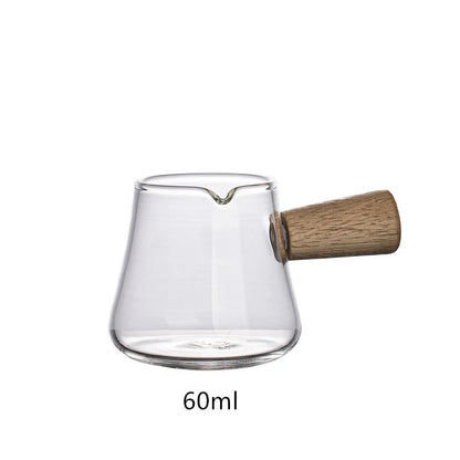 YWDL 60/110ml Wood Handle Glass Espresso Cup Milk Pitcher Single Mouth Jug Coffee Supplies Clear Kitchen Creamer Measure Mug